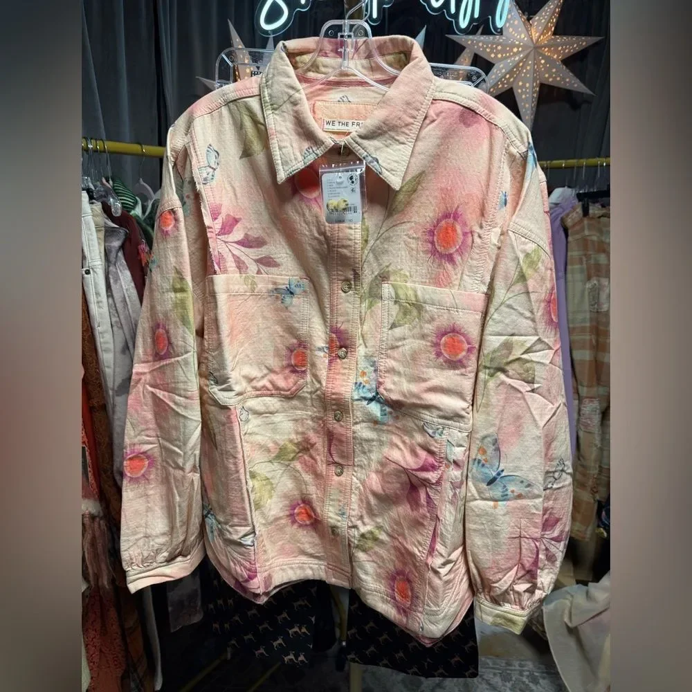 Free People We the Free Petina Garden Printed Buttondown Shirt Peachy Wash Combo